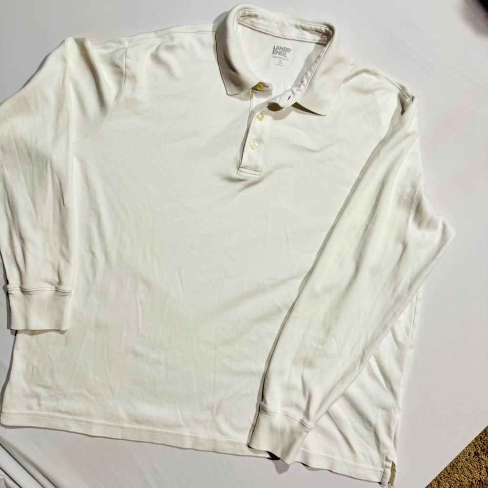 Lands' End Men's XL White Solid Long Sleeve Button Polo Shirt Traditional Fit